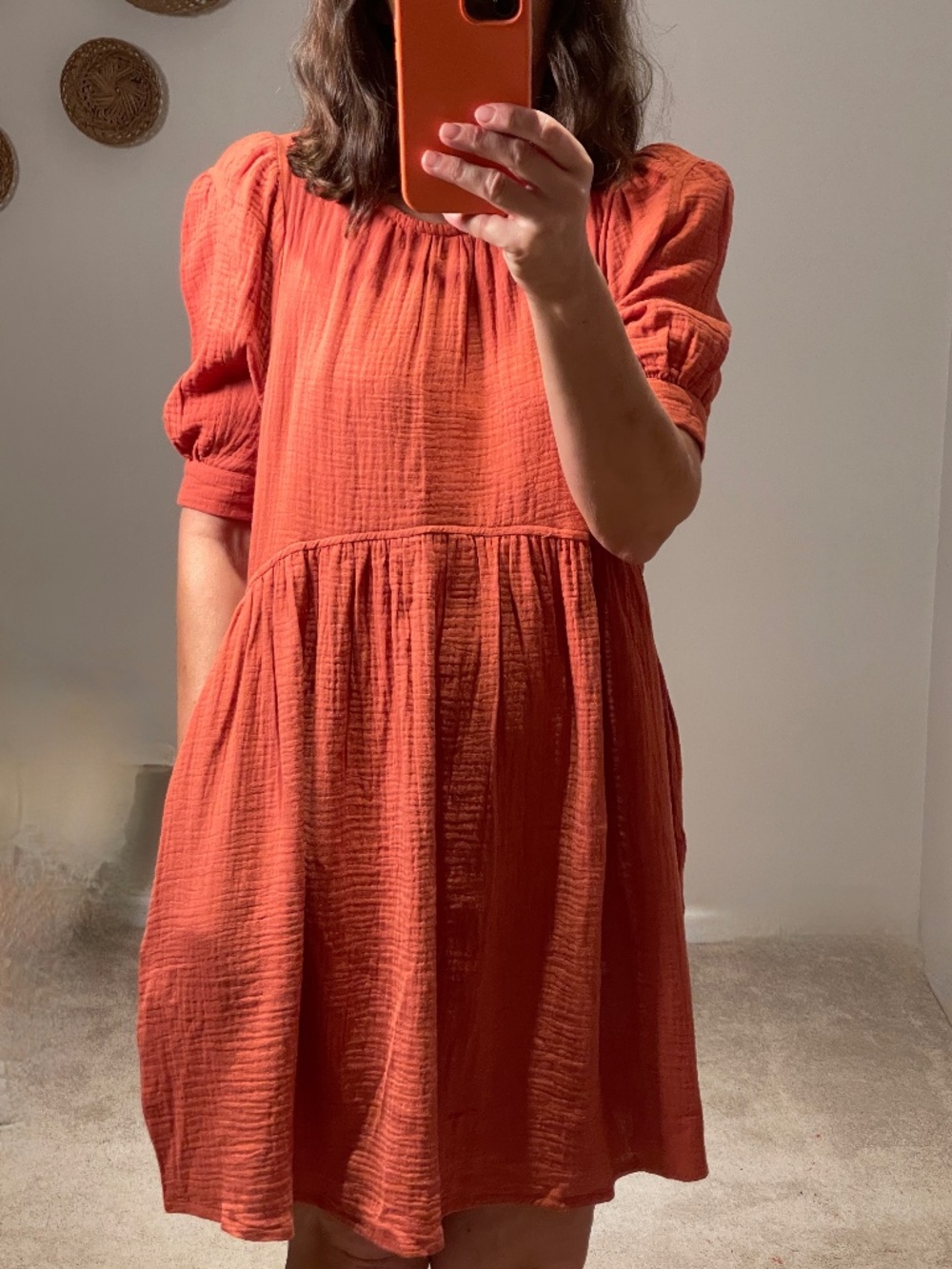 brick rust orange gauze cotton A line mini dress women S
